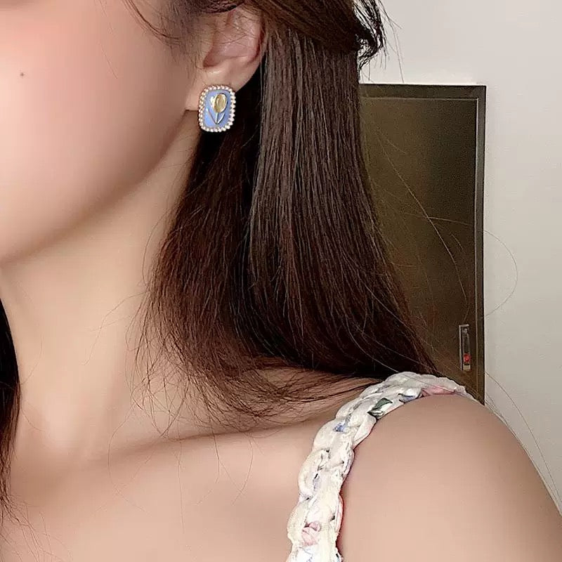 French Blue Tulip Pearl Border Square Stud Earrings