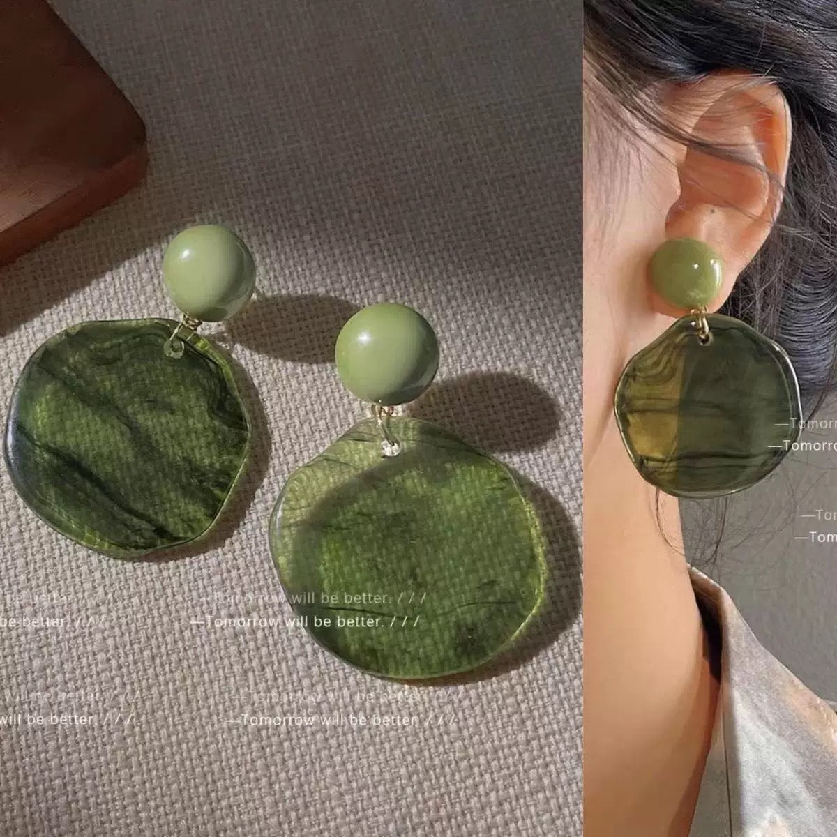 Olive Green Marble Texture Irregular Drop Earrings