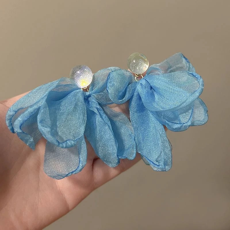 Dreamy Blue Tulle Bow Sparkling Bead Drop Earrings