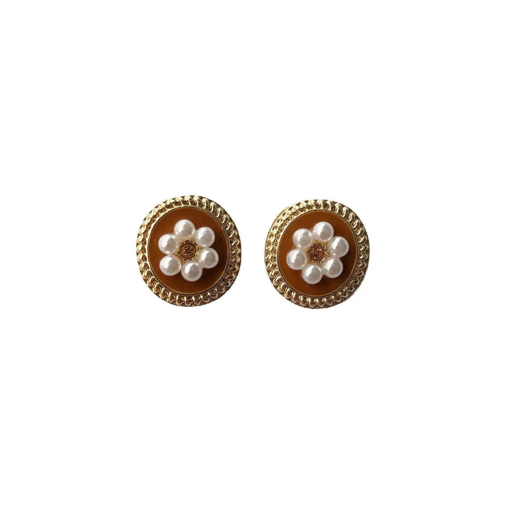 Vintage Coffee Brown Pearl Flower Round Stud Earrings