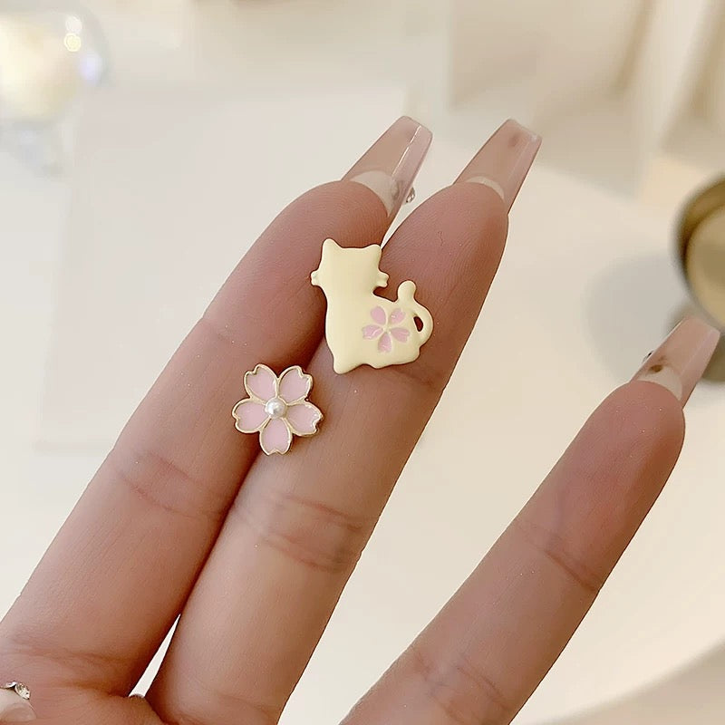 Cute Asymmetric Cat Cherry Blossom Stud Earrings