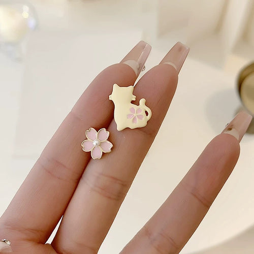 Cute Asymmetric Cat Cherry Blossom Stud Earrings
