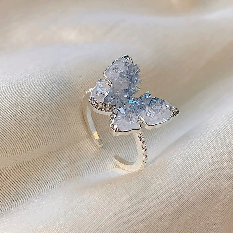 Blue Transparent Crystal Butterfly Adjustable Open Ring