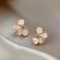 Elegant Pink Shell Flower Diamond Stud Earrings