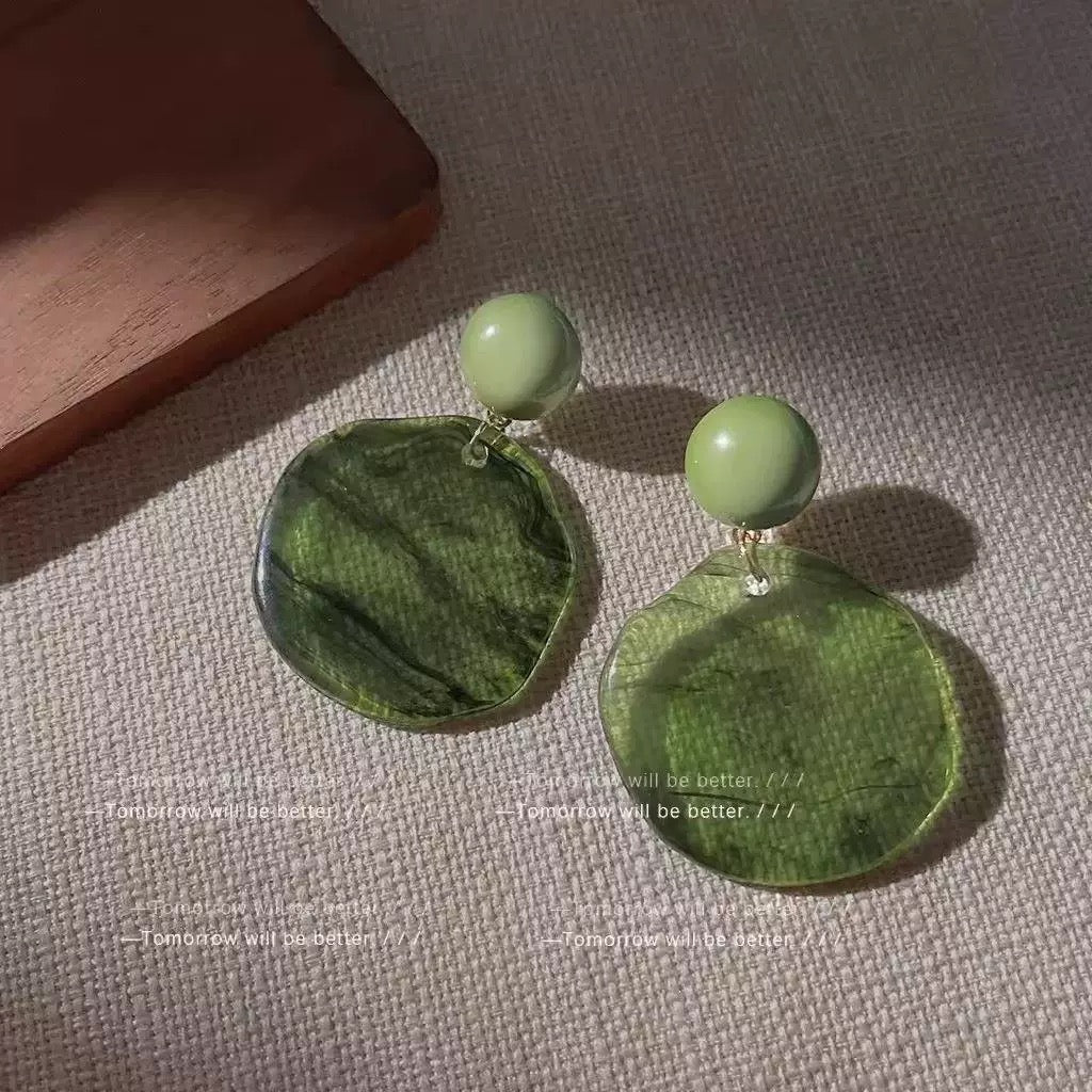 Olive Green Marble Texture Irregular Drop Earrings