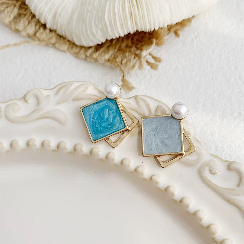 Aesthetic Blue Marble Pearl Geometric Drop Earrings