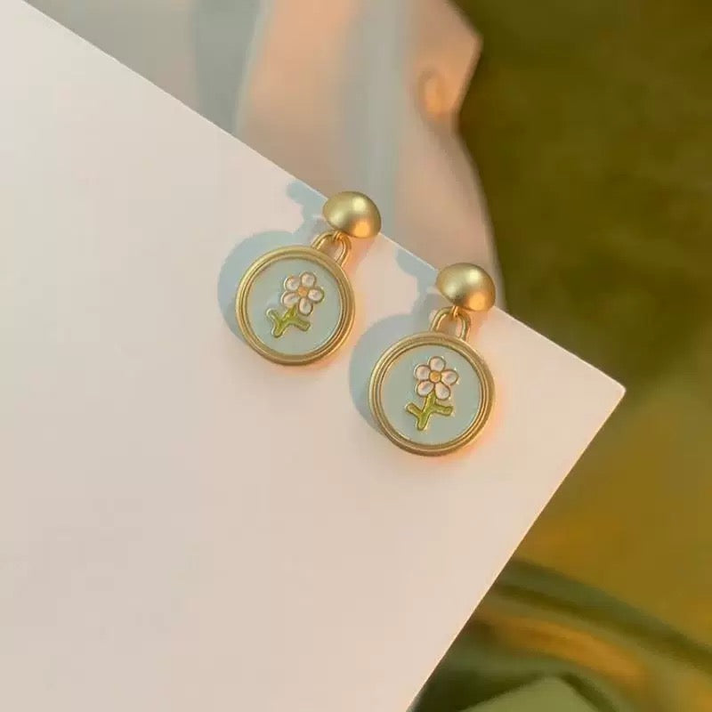 Fresh Mint Green Round Flower Drop Stud Earrings