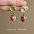 Real Preserved Rose Bud Vintage Gold Drop Earrings