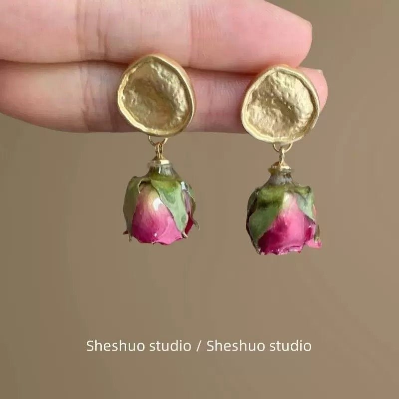 Real Preserved Rose Bud Vintage Gold Drop Earrings