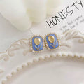 French Blue Tulip Pearl Border Square Stud Earrings