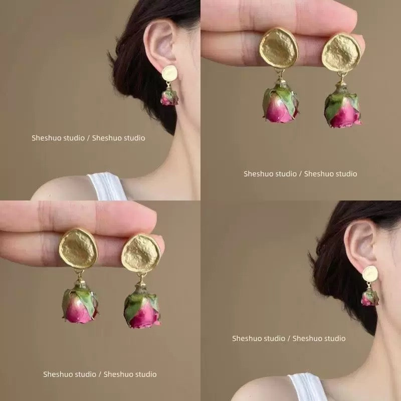 Real Preserved Rose Bud Vintage Gold Drop Earrings