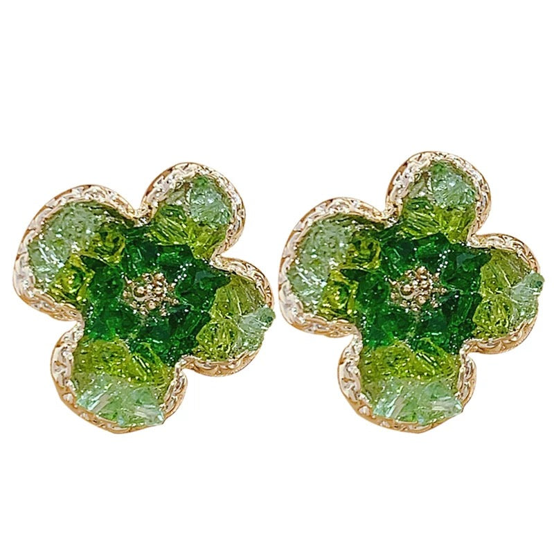 Fresh Green Four-Leaf Clover Luxury Crystal Stud Earrings