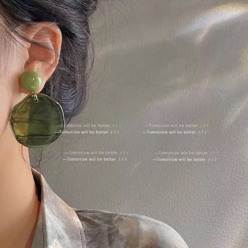 Olive Green Marble Texture Irregular Drop Earrings