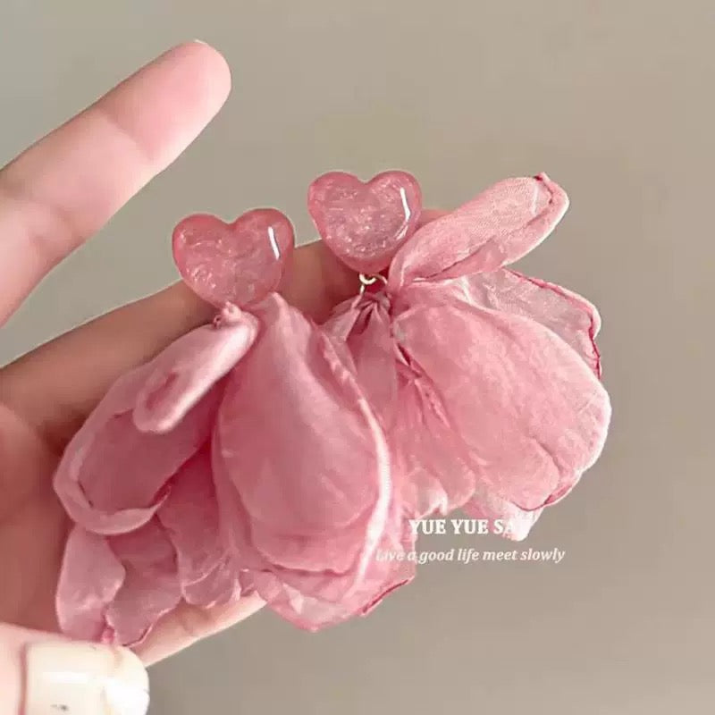 Pink Transparent Heart Tulle Petal Fairy Drop Earrings