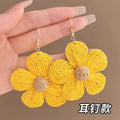 Vintage Yellow Straw Woven Flower Hook Earrings