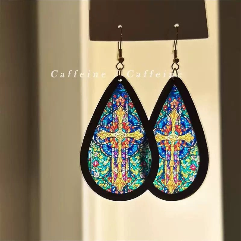 Vintage Church Stained Glass Cross Teardrop Earrings