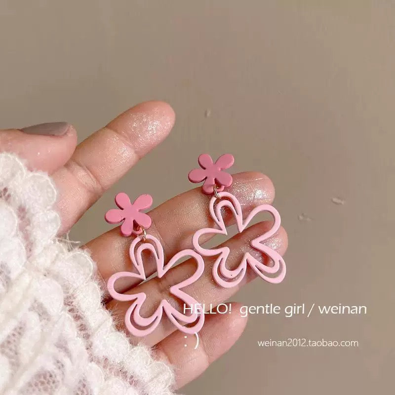 Cute Pink Hollow Layered Flower Drop Stud Earrings