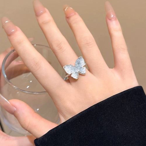 Blue Transparent Crystal Butterfly Adjustable Open Ring