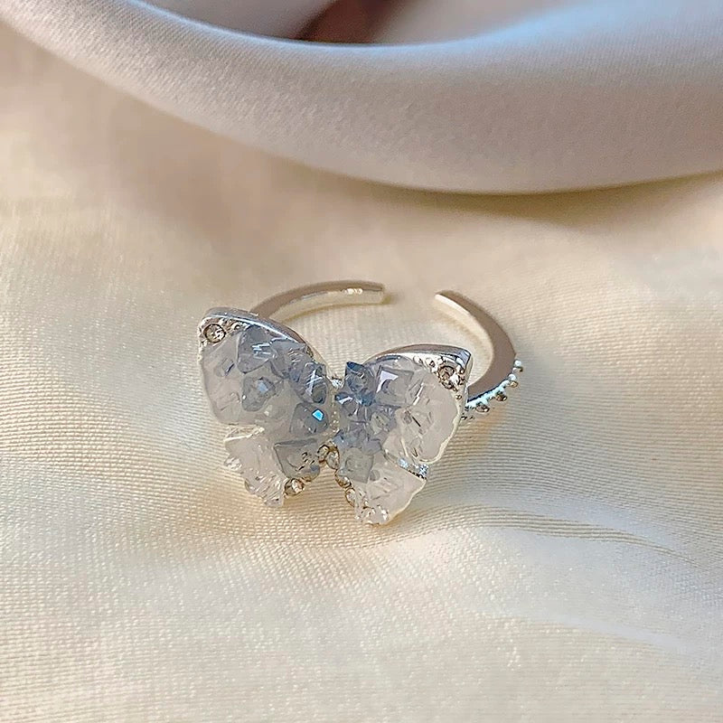 Blue Transparent Crystal Butterfly Adjustable Open Ring