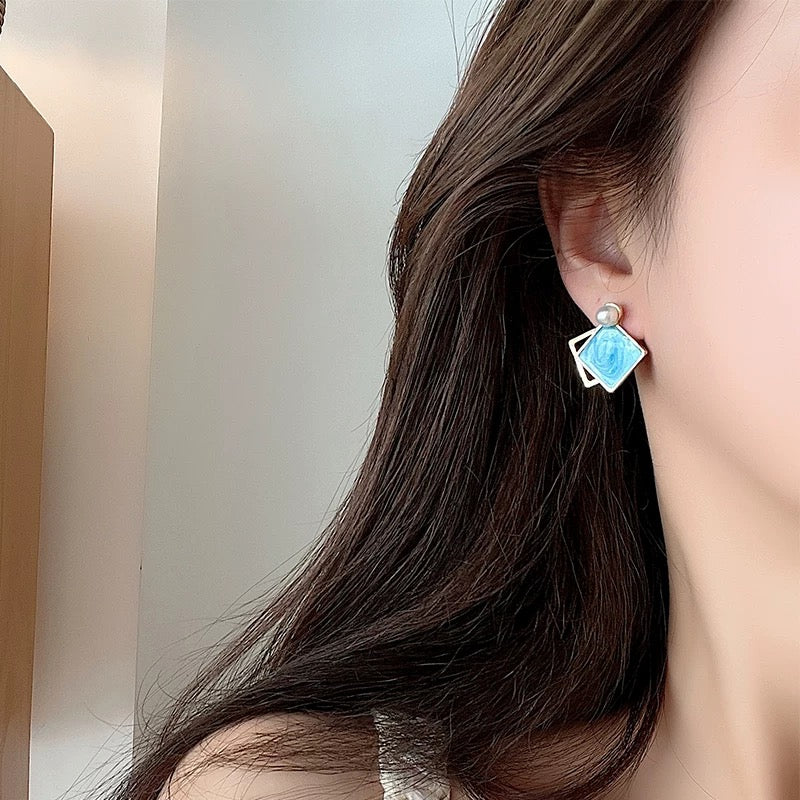 Aesthetic Blue Marble Pearl Geometric Drop Earrings