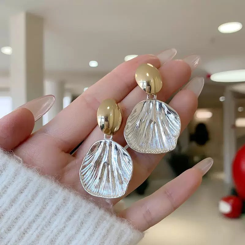 Two-tone Gold Silver Textured Shell Drop Earrings