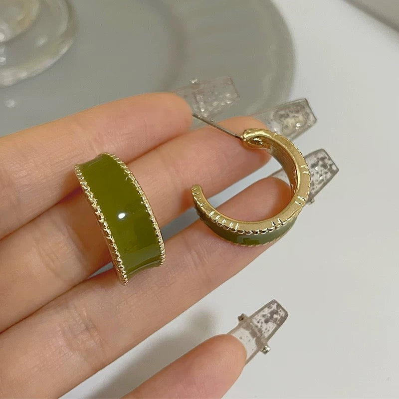 Vintage Olive Green Geometric Hoop Earrings