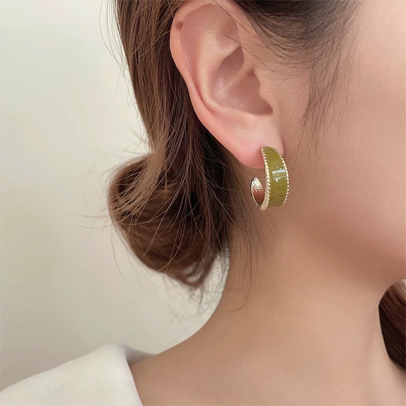 Vintage Olive Green Geometric Hoop Earrings