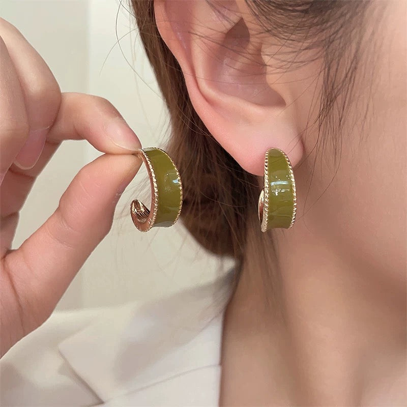 Vintage Olive Green Geometric Hoop Earrings