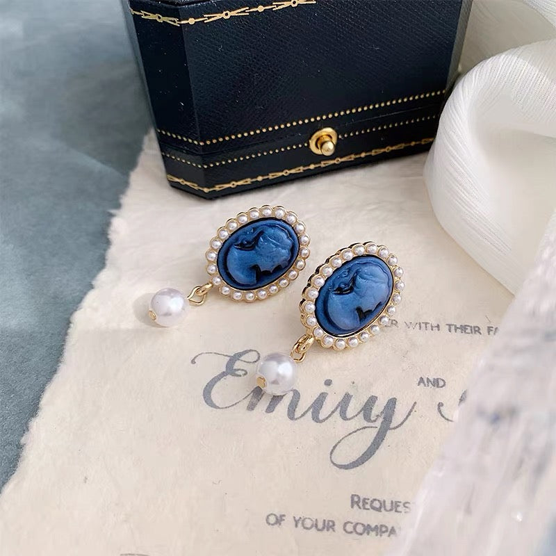 Vintage Cameo Blue Portrait Pearl Drop Earrings