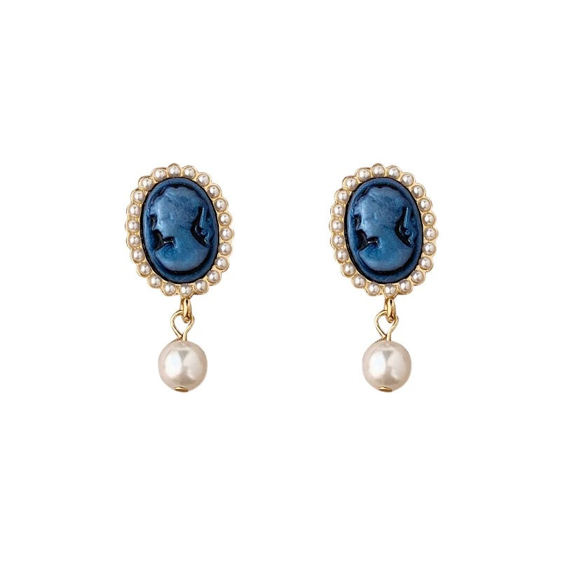 Vintage Cameo Blue Portrait Pearl Drop Earrings