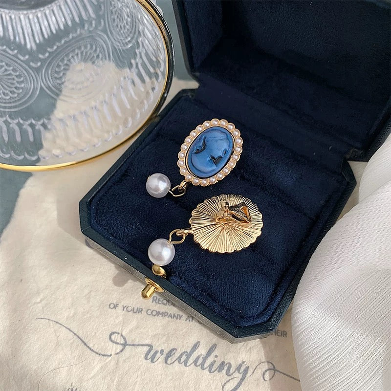 Vintage Cameo Blue Portrait Pearl Drop Earrings